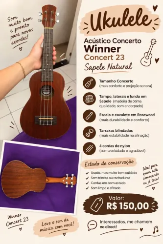 Ukulele Acústico Concerto Winner Concert 23 de Sapele Natural