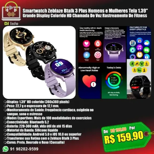 Smartwatch Zeblaze Btalk 3 Plus 1.39" Grande Display Colorido HD