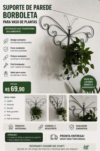 Suporte de Parede Borboleta para Vasos de Plantas - Ferro Artesanal