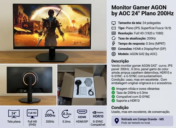 Monitor AOC AGON G42HE - 200hz 0,3ms 24 polegadas