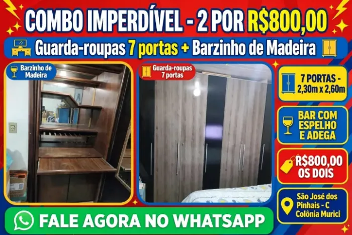 Combo Guarda roupas grande + Barzinho de madeira