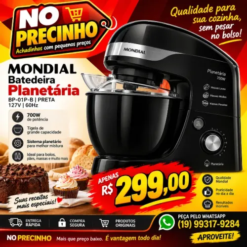 Batedeira Planetária, Mondial, 700w - Bp-01p-b Preto 127v 60 Hz
