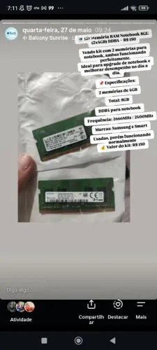 Memória ram ddr4 para notebook usada 