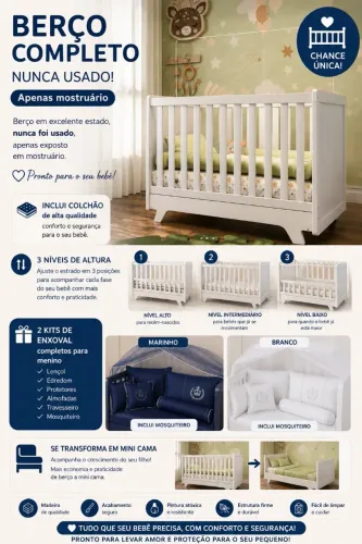 Berço com 2 Enxovais Completos + Colchão 