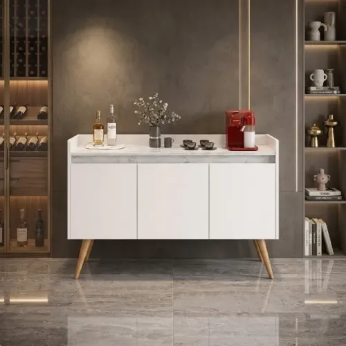 BUFFET GOLD - Marmorizado 3 portas Off/Marmore Branco