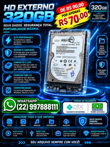 Hd externo de 320 gb NÃO RESERVO ( Contato apenas Whatsapp ) produto novo