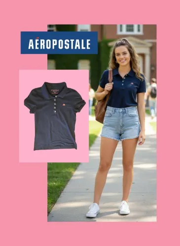 BLUSA CAMISA POLO AEROPOSTALE FEMININA AZUL MARINHO COM ROSA