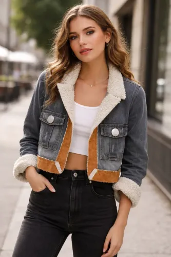 Jaqueta vintage jeans com cgc com detalhes couro e pelinhos