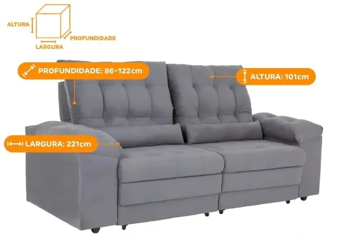Sofá 3 lugares cinza retrátil reclinável Suede Phormatta Colômbia SMP R$1,300