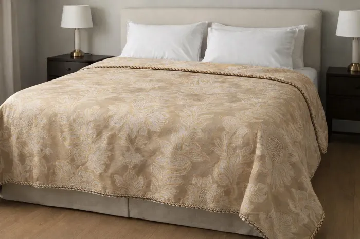COLCHA QUEEN DECORATIVA ALTO PADRÃO EM TECIDO DAMASCO / JACQUARD 