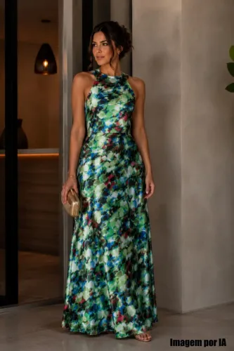 Vestido de festa longo cetim estampado verde - Veste PP - Ref. 3568