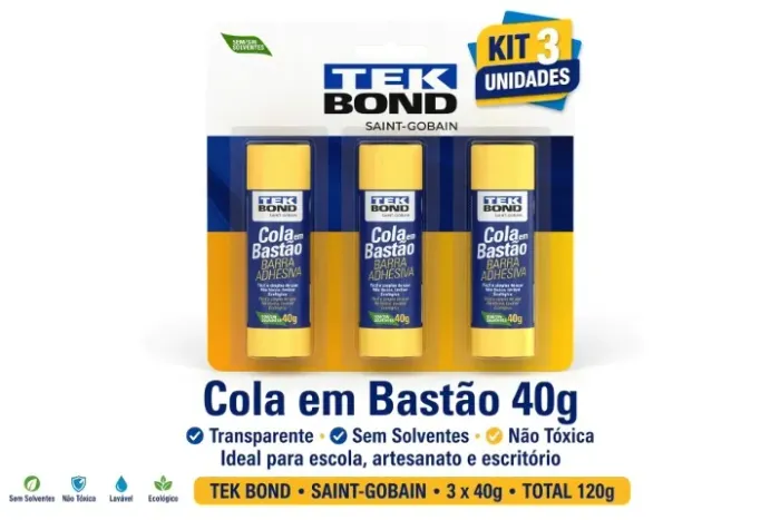 Kit de 3 cola em bastão (barra adesiva) TekBond Saint-Gobain (sem solvente) transparente