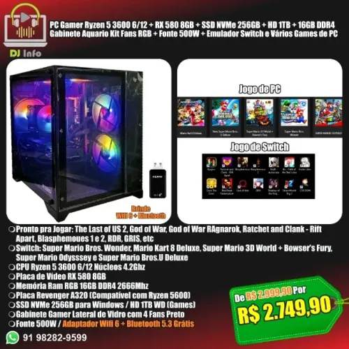 PC Gamer Ryzen 5 3600 6/12 + RX 580 8GB + SSD NVMe 256GB + HD 1TB + 16GB DDR4