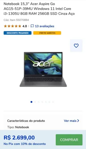 Notebook Acer Aspire Go 15 Intel Core i3