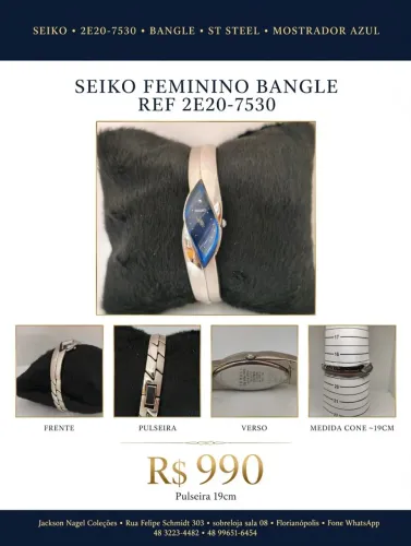 Seiko Feminino Bangle Bracelete Prata 2E20-7530 Mostrador Azul Marinho - Pulseira 19cm