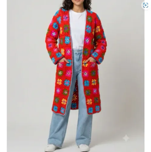 casaco cardigan alongado de crochê feito a mão artesanal vermelho Tam M