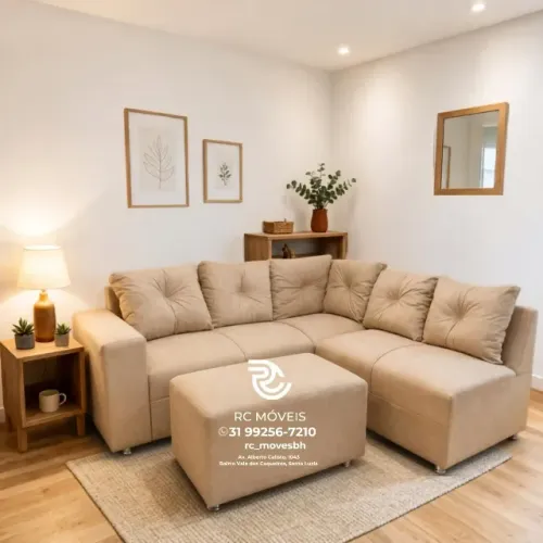 Sofá Canto e Puff Suede Marrom Claro D33 Premium