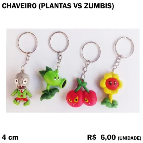 Chaveiro Plantas vs Zumbis - 4 Unidades (Conjunto)