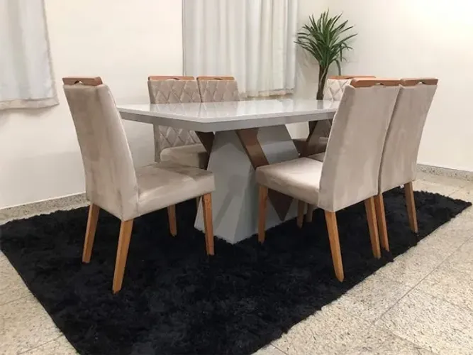 Mesa de Jantar 8 Cadeiras no Bege com Tampo de Vidro