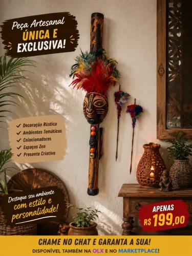 Peça Artesanal Decorativa Exótica em Madeira com Penas - Oportunidade!