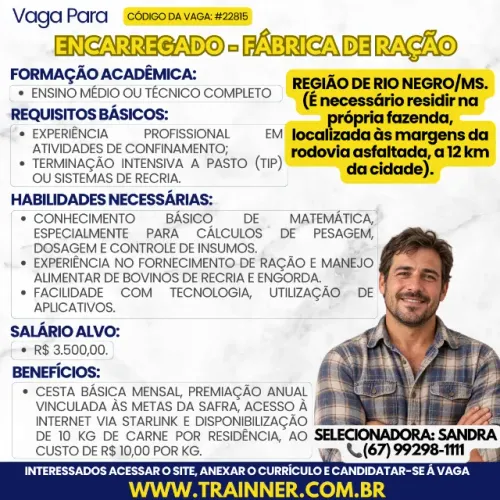 VAGA PARA ENCARREGADO - FÁBRICA DE RAÇÃO