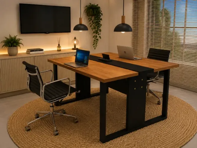 Mesa De Trabalho Trapeze. Com Tomada: 2 Lugares: L120cm x P120cm xA74cm