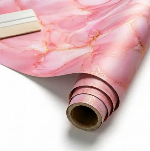 Papel De Parede 3d Mármore Rosa Branco E Dourado Lavável 6 Metros