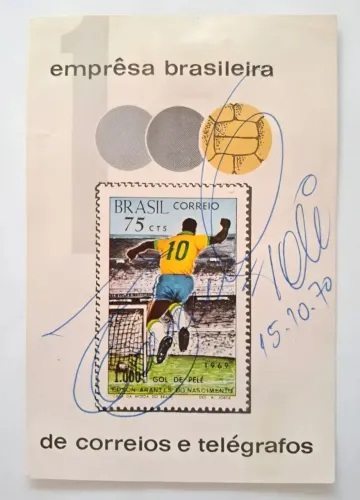 Selo Bloco Pelé Milésimo Gol 1969 com Autógrafo e Data Raro