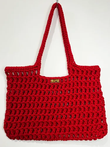 Bolsa de Crochê Vermelha Grande Vazada Fio de Malha Artesanal