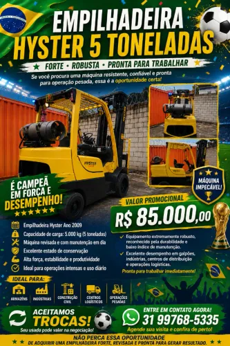 Empilhadeira Hyster 5 Ton 2009 | Revisada | Pronta para Trabalhar | Excelente Oportunidade