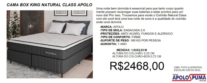 Cama king size colchão natural class apolo + base box - frete grátis!