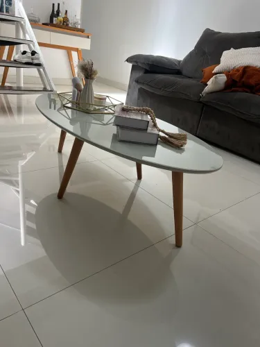 Mesa Centro Oval Pé Palito Com Vidro, Laqueada Cores 120x60