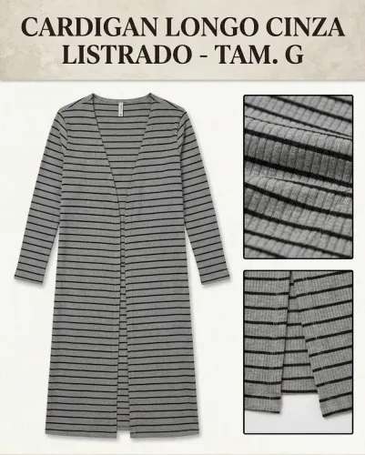 Cardigan Longo / Maxicardigan Cinza Listrado Canelado