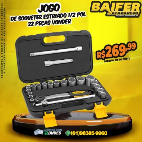 Jogo de Soquetes Estriado 1/2 Pol 22 Peças VD * Vonder