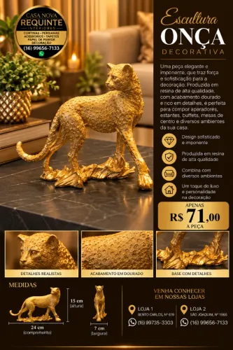 Escultura Decorativa Onça Dourada em Resina - 24 cm