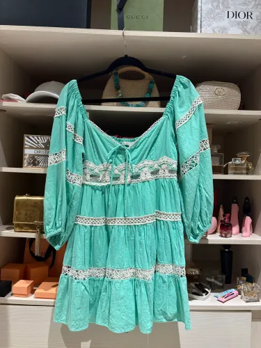 Vestido Salgunamu Verde Água com Renda Manga Longa