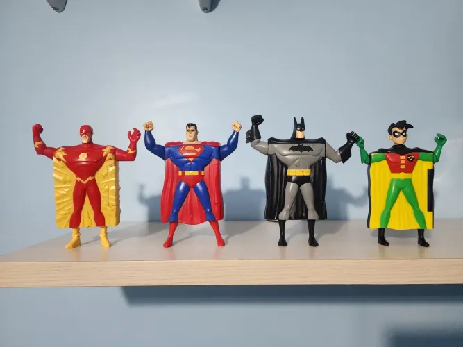 kit liga da justiça flash, superman, batman e robin, coleção mcdonald's 2007