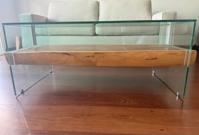 Mesa de centro de vidro e madeira maciça