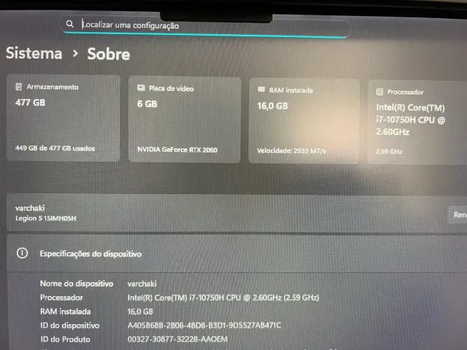 notebook LEGION 5i RTX 2060  6GB 16GB RAM INTEL i7 10750h 512GB SSD 120 HZ