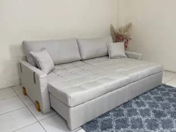 Sofá Retrátil Chicago 2.20m Com 4 Lugares no Bege Linho