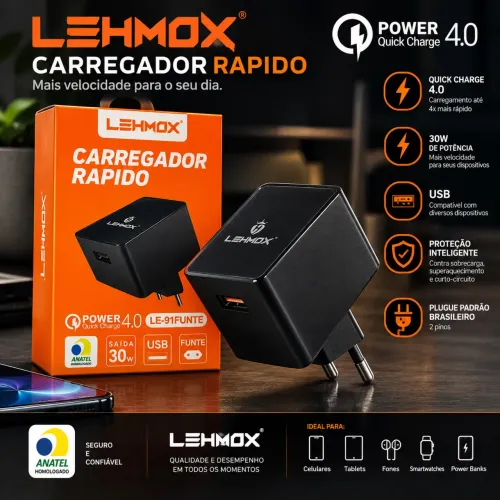 Carregador de carga rápida 30w compatível com Android e iPhone