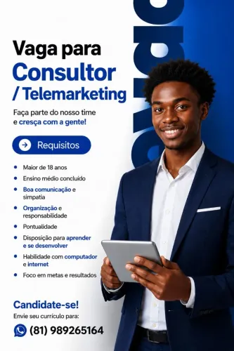 Vaga consultor/telemarketing - início imediato - oportunidade de crescimento