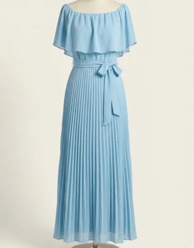Vestido de Festa Longo Plissado Azul Serenity - Ombro a Ombro - Lindo!