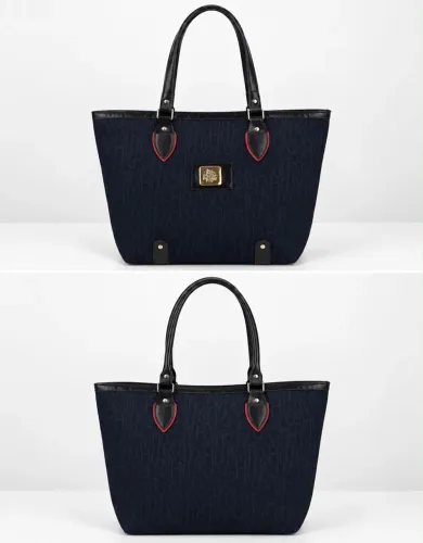 Bolsa Tote Monograma Azul Marinho com Alças Pretas
