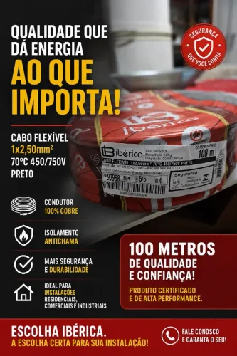 Cabo Flexível 2,50 mm 750v 0,50mm Preto Rolo Com 100 Metros - Ibérica