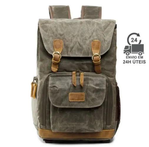 Mochila Vintage Retrô em Lona Canvas Impermeável Com Marcas na Lona