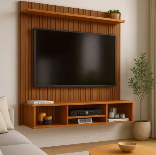 Painel Suspenso Everest TV Até 50" Cor Naturale MDP Design Ripado 3 Nichos