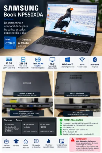 Notebook Samsung Book Intel Core i7 11ª Geração | 16 GB RAM | SSD 256 GB | Full HD