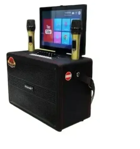 Karaokê profissional Ecopower com tela integrada, 2 microfones e pedestal.