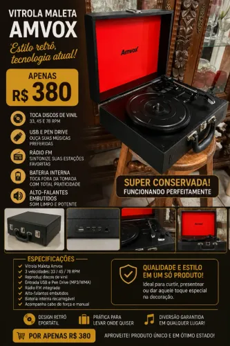 Vitrola Retrô Amvox Bluetooth - Linda - Perfeita pra Presente